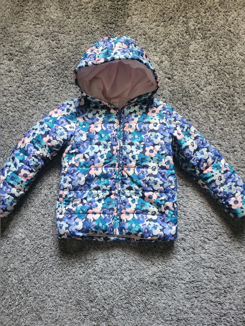 Gymboree Floral Hooded Puffer Jacket Size 4/5T Zipper Closure Functional Pockets
